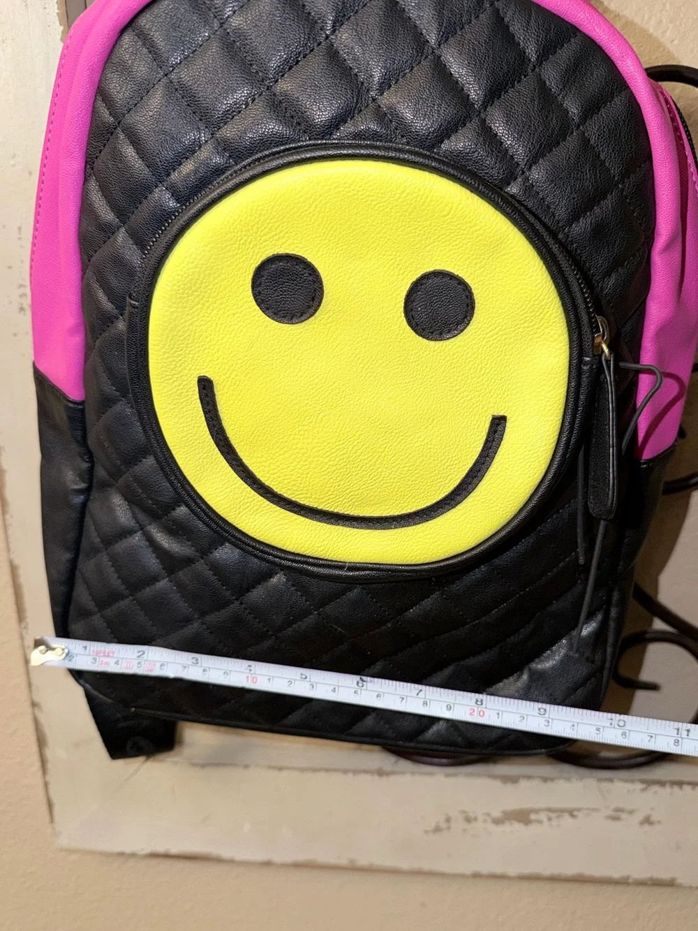 Betsey Johnson Black Quilted Backpack with Pink Trim & Yellow Smile Patch